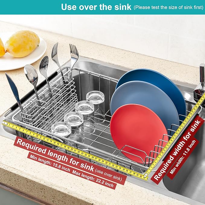 iPEGTOP Expandable Dish Drying Rack in Sink or Over Sink, Rustproof Stainless Steel Dish Drying Rack Basket Shelf, Multifunctional Dish Drainer Inside Sink Organizer with Utensil Cutlery Holder