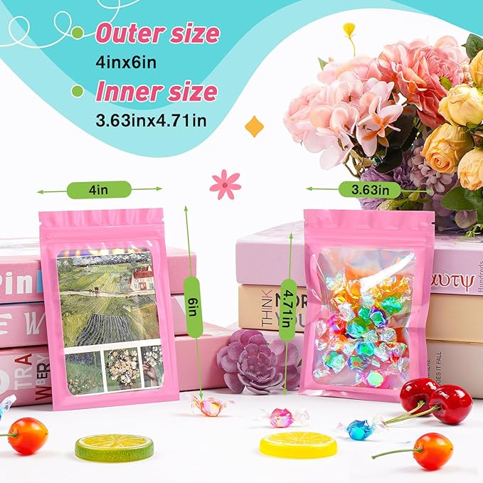 Funfery 300 Pack Smell Proof Resealable Bags for Food Storage,Holographic Bags 4x6 Pink Mylar Clear Packaging Bag- Scent Proof for Cookies, Zip Foil Pouch for Small Business