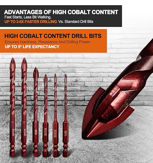 FEWELL Masonry Drill Bits 10 Pcs, Concrete Drill Bit Set Size 1/8" to 1/2", Professional High Cobalt Drill Bit Set for Tile Glass/Metal Brick Concrete Ceramic Plastic Wood