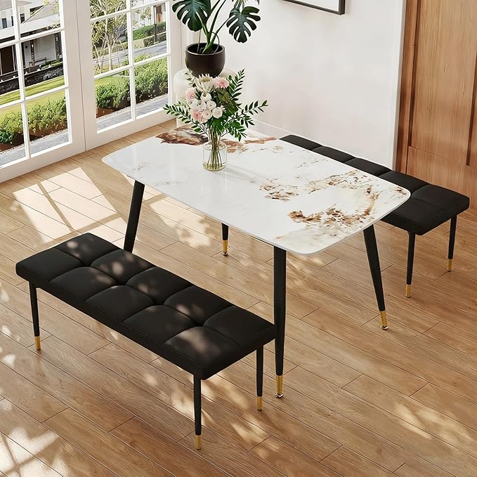 Modern Dining Table Set for 4 Marble Kitchen Table Set with 2 Upholstered Benches 3-Piece Dining Room Table and Bench Set for Breakfast Nook, Apartment(50" Marble Table+2Benches)