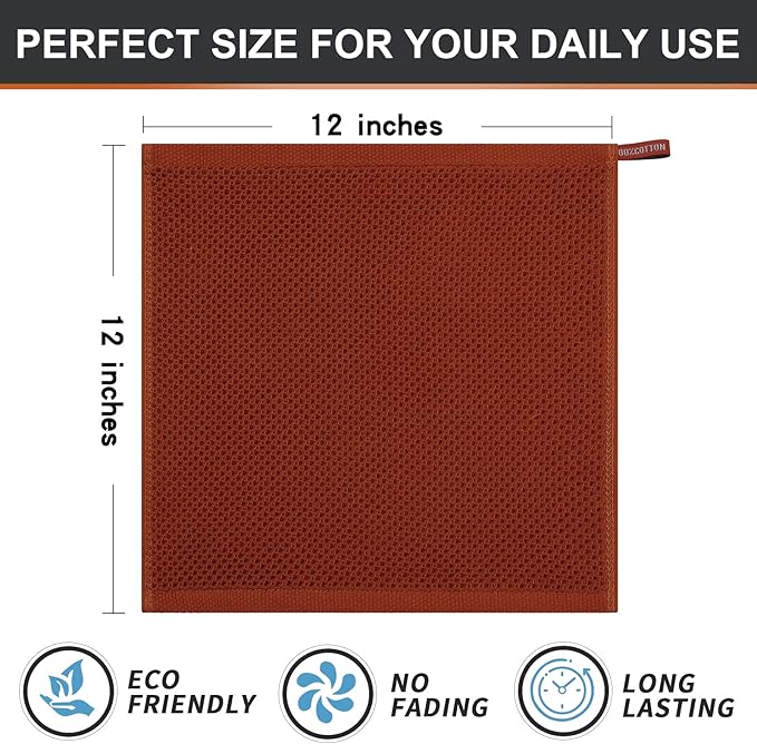 Kitinjoy 100% Cotton Kitchen Dish Cloths, 6 Pack Waffle Weave Dish Towels Ultra Soft Absorbent Quick Drying Dish Rags, 12 X 12 Inches, Rust