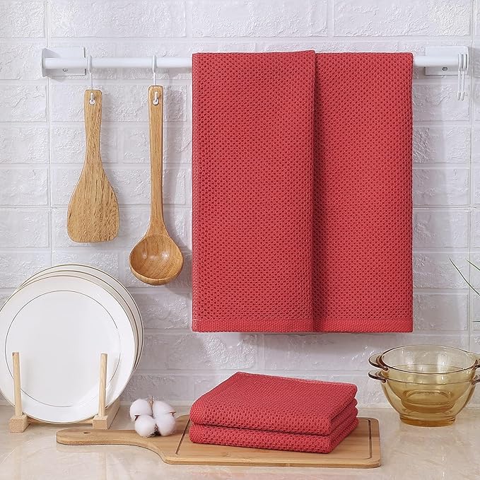 Kitinjoy 100% Cotton Waffle Weave Kitchen Towels, 6-Pack Super Soft and Absorbent Dish Towels for Drying Dishes, Kitchen Hand Towels, 13 in x 28 in, Brick Red