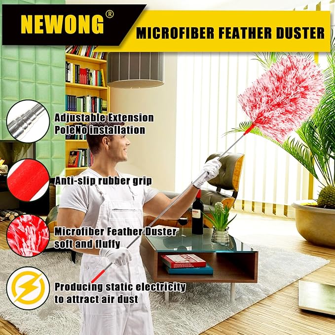 20-49inches Extendable Microfiber Feather Duster with 10pcs Replaceable Heads, Extra Long Bendable Duster for Cleaning, Electrostatic Dust Remove for Furniture, Ceiling, Window,etc (Red)