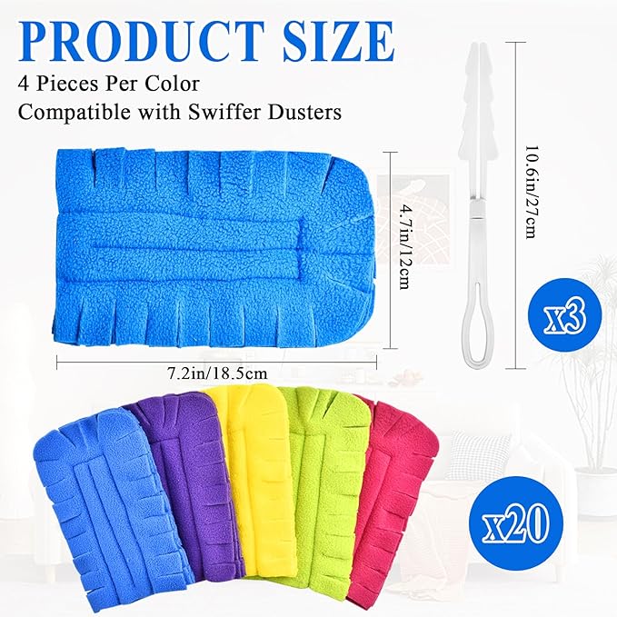 20Pcs Fleece Duster Refills, Reusable Dusters Compatible with Swiffer with 3pcs Handles, Washable Dusters Pads for Cleaning Ceiling Hardwoods Window Kitchen Floor 5 Colors