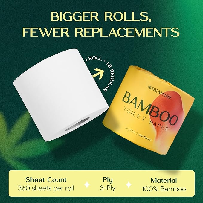 Premium Bamboo Toilet Paper | 3-Ply – Strong & Absorbent | Tree-Free, FSC Certified, BPA/PFAS-Free | Septic-Safe, Lint-Free | 4 Mega Rolls (360 Sheets/Roll) | PALM NAKI