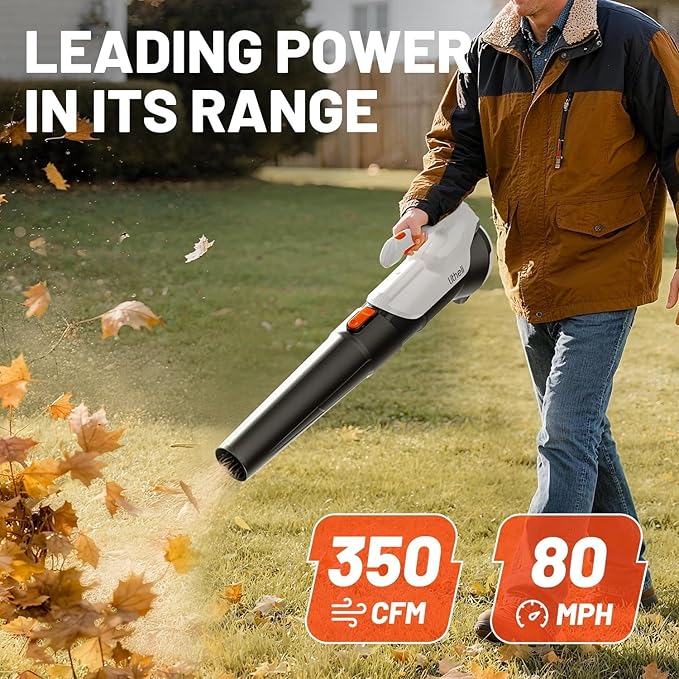 Litheli 20V Cordless Leaf Blower with 2×2.0Ah Batteries, 350CFM/85MPH Lightweight Electric Blower, 2-Speed Handheld Battery Leaf Blower for Lawn, Garden, Patio, Yard & Dust Cleanup