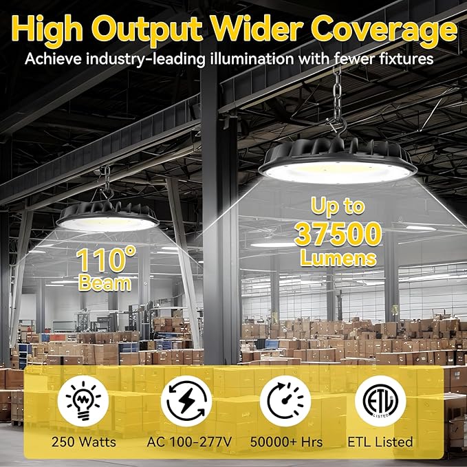 hunhun 10 Pack 250W UFO LED High Bay Lights 37,500lm 5000K Commercial Bay Lights 5' Cable with Plug AC110-277V Waterproof Shop Lights for Workshop Garage Factory Warehouse Barn ETL Listed