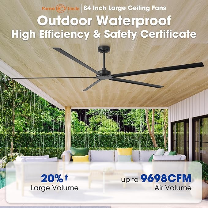 84 Inch Ceiling Fans without Lights, Waterproof Outdoor Ceiling Fans with Remote, Industrial Black Ceiling Fan No Light with 6-Speed Reversible DC Motor for Patios Shop Garage, 5 Aluminum Blades