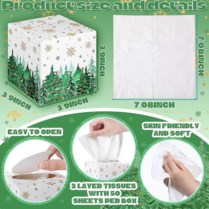 Bencailor 12 Pack Snowflake Facial Tissues Cube Boxes Winter Christmas Tree Square 600 Sheets 3 Ply Small Tissues Cube Boxes for Home Car Accessories(Green,Christmas Tree)