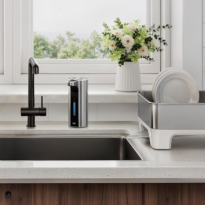EKO Aroma Pro 13.5 fl oz Touchless Automatic Liquid Soap Dispenser, Rechargeable Hand & Dish Soap Dispenser for Bathroom and Kitchen Sink, Waterproof, Adjustable Volume Control (Stainless Steel)