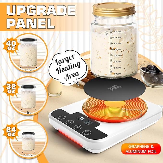 Upgraded Sourdough Starter Warmer, Precise 1°F Thermostat Control (70-100°F) Sourdough Starter Warmer Mat, Smart Memory Heating Mat for Sourdough Fermentation, 12-Hour Timer (White)