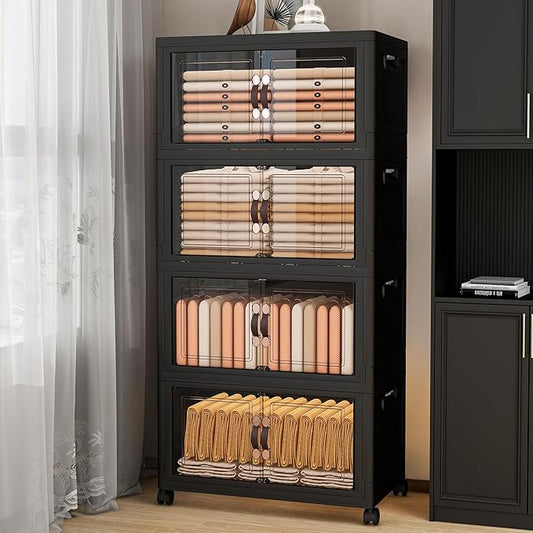 Storage Bins with Lids and Wheels, Collapsible Bathroom Storage Cabinet with Clear Doors, Plastic Stackable Closet Organizers and Storage Containers Black 398 QT