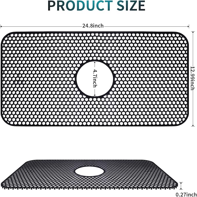 LONGFITE Sink Protector Mat 24.8"x 13" Silicone Farmhouse Kitchen Single Sink Mat Draining Heat Proof Mat with Center Drain