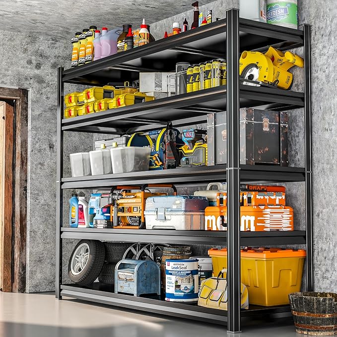 2500LBS Heavy Duty Garage Shelving Units, Storage Shelves, Metal Garage Shelves, Large Storage Rack, Steel Shelf, Industrial Shelving for Shop, Warehouse, Basement, Home Office, Black