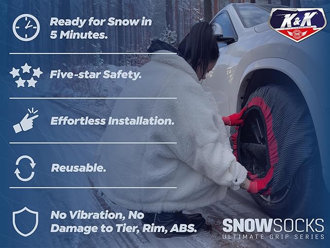 K&K Auto Accessories Snow Socks for Tires - Pro Series for Ultimate Grip Alternative for Tire Snow Chain - Snow Traction Device for Passenger Cars SUVs Trucks Winter Emergency Accessory (Medium)