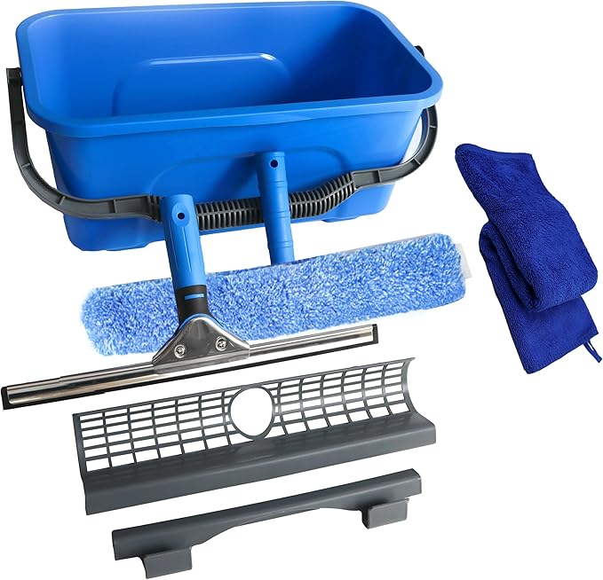 Squeegee with Shelf Storage for Window Cleaning,Window Cleaning Squeegee kit with Bucket&Microfiber Scrubber,Bathroom,Shower Doors,Mirrors,Tiles,and Car Windows Blue