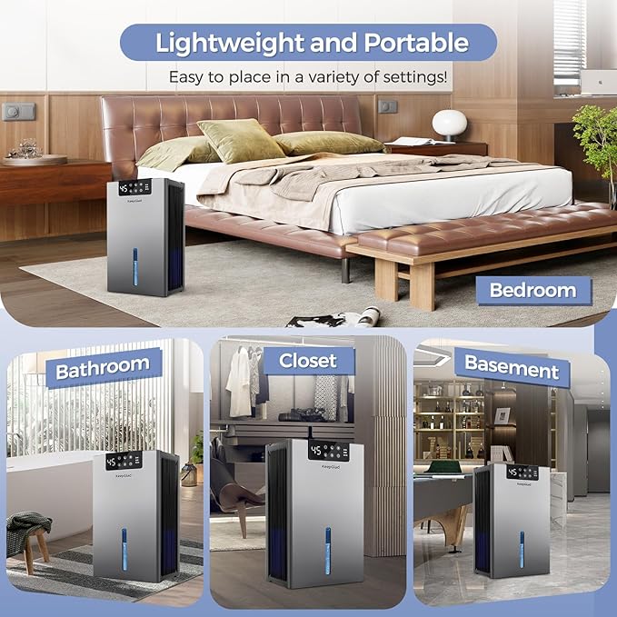 Dehumidifier, Dehumidifiers for Home(1000sq.ft), 98 OZ Water Tank, Dehumidifier Washable Air Filter, Dehumidifiers for Basement Bedroom Bathroom, Auto Shut Off, Timer Setting, 7 Colors Light, Gray