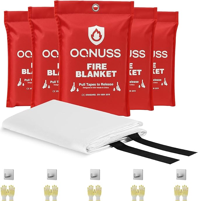 Emergency Fire Blanket 40x40 Inch - 5 Pack Fiberglass FireBlanket with Hook & Gloves | Fire Safety Blanket for Kitchen, Home, Garage, Camping