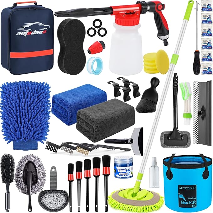 AUTODECO 42Pcs Car Wash Detailing Kit Cleaning Kits with Foam Gun Sprayer Wash Brush with Long Handle Collapsible Bucket Large Wash Mitt Towels Complete Interior Exterior Car Washing Supply Set Blue
