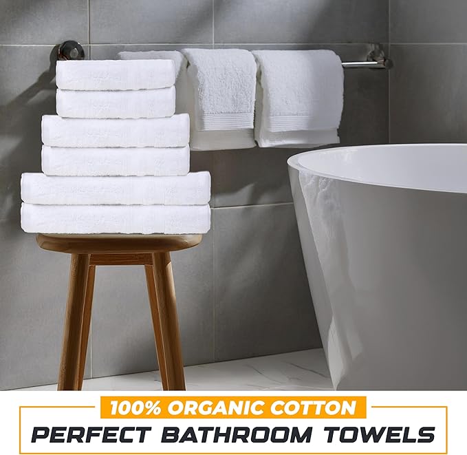 EcoNour Luxury 100% White Turkish Cotton Towel Set 550 GSM– 6 Piece Bathroom Towels Set Includes 2 Bath Towels, 2 Hand Towels, 2 Washcloths – Soft, Absorbent, Quick Dry for Bathroom, Spa,Gym & Hotel
