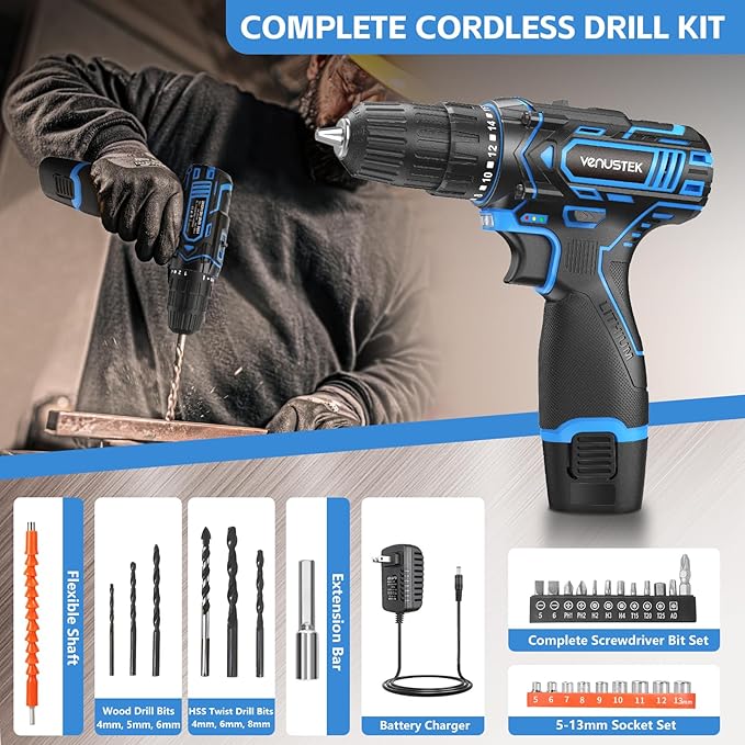 Cordless Drill Set 12V Power Drill with Battery and Charger, 2-Speed Electric Drill with 3/8" Keyless Chuck
