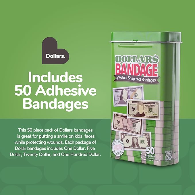 BioSwiss Kids Bandages, Money Shaped Self Adhesive Bandage Set, Latex Free, Sterile Wound Care, 50 Count