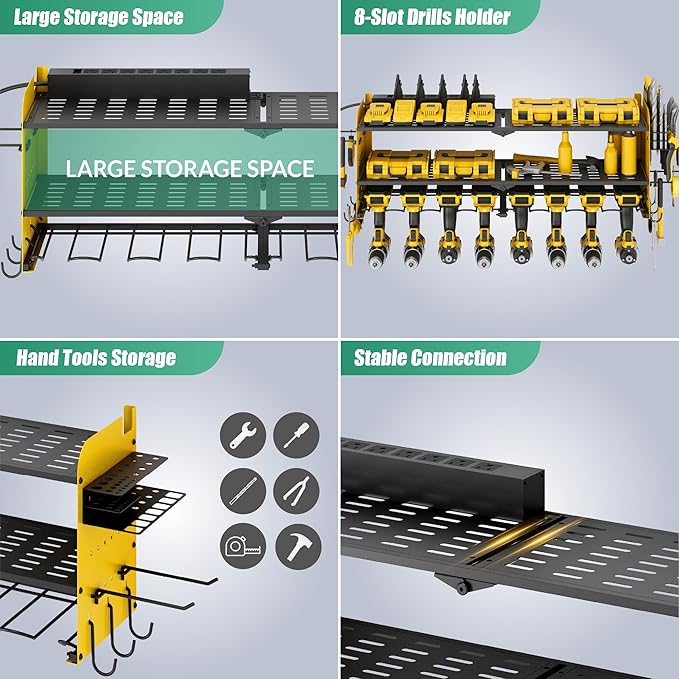 Suchtale Power Tool Organizer Wall Mount,Drill Organizer,33.2" Garage Storage,8 Drill Holders,3 Layers Heavy Duty Metal Shelf with 8 Outlets Power Strip, Christmas Gifts for Dad,Husband,Yellow