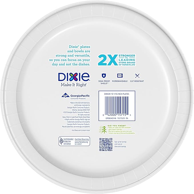Dixie Large Paper Plates, 10 Inch, 54 Count (Pack of 2), 2X Stronger*, Microwave-Safe, Soak-Proof, Cut Resistant, Disposable Plates for Everyday Breakfast, Lunch, & Dinner Meals