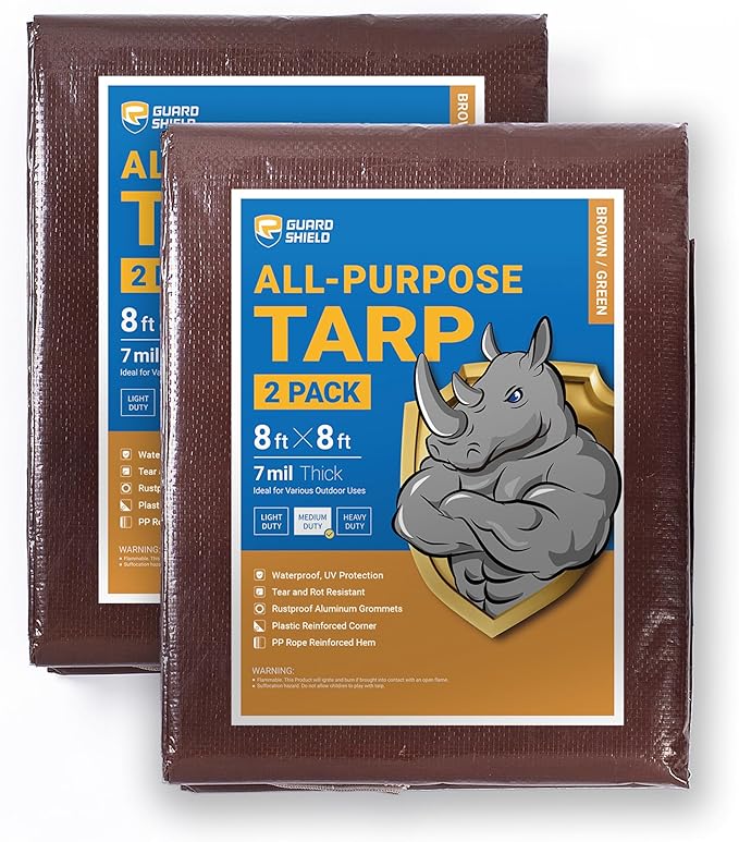 GUARD SHIELD Brown/Green Tarp 8x8 Feet Medium Duty Outdoor Waterproof Multi Purpose Poly Tarps Cover 7mil (2-Pack)