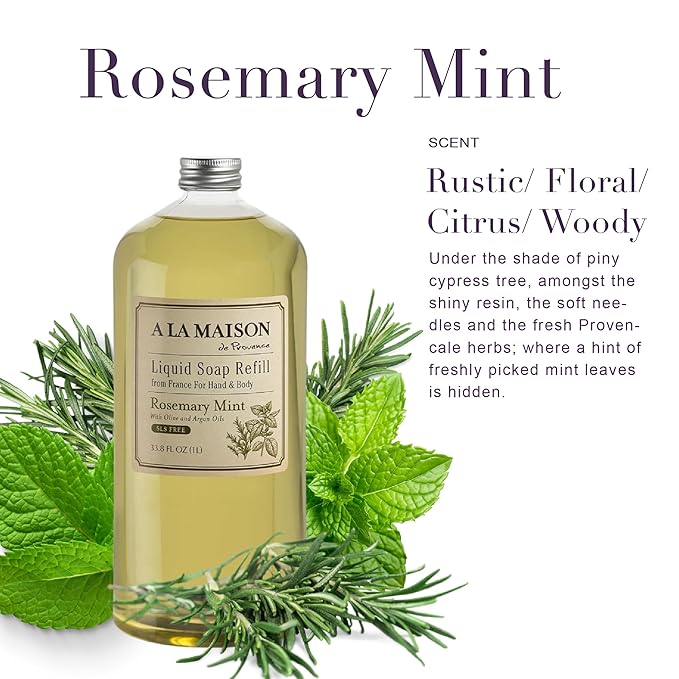 A LA MAISON French Liquid Hand Soap Refill, Rosemary Mint - Natural Hand Wash Made with Essential Oils - Biodegradable, Plant-Based, Vegan, Cruelty-Free, Alcohol & Paraben Free (33.8 oz, 2 Pack)