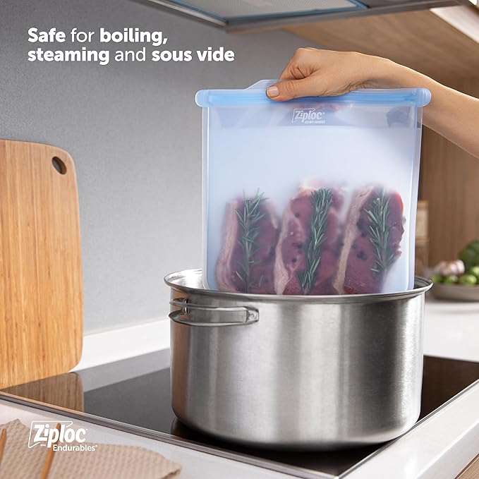 Ziploc Endurables Large Pouch, 8 Cups, Reusable Silicone Bags and Food Storage Meal Prep Containers for Freezer, Oven, and Microwave, Dishwasher Safe