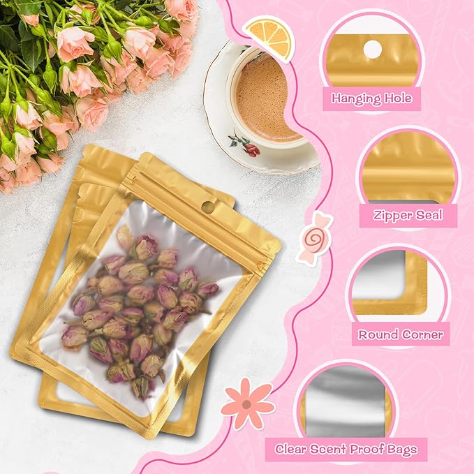 FUNFERY 100 Pack Mylar Resealable Bags Foil Packaging Bags with Clear Window,Zipper Pouch Smell Proof Bag for Food Storage,Cookies,Sample,Small Business(Gold,3.5x6.3inch)