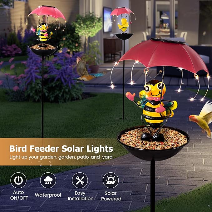 Bird Feeder Solar Garden Decor, Waterproof Bee Metal Wildbird Cardinals Hummingbirds Feeders with LED Lights, Gifts for Mom Grandma Bird Lovers Outdoor Path Yard Decoration