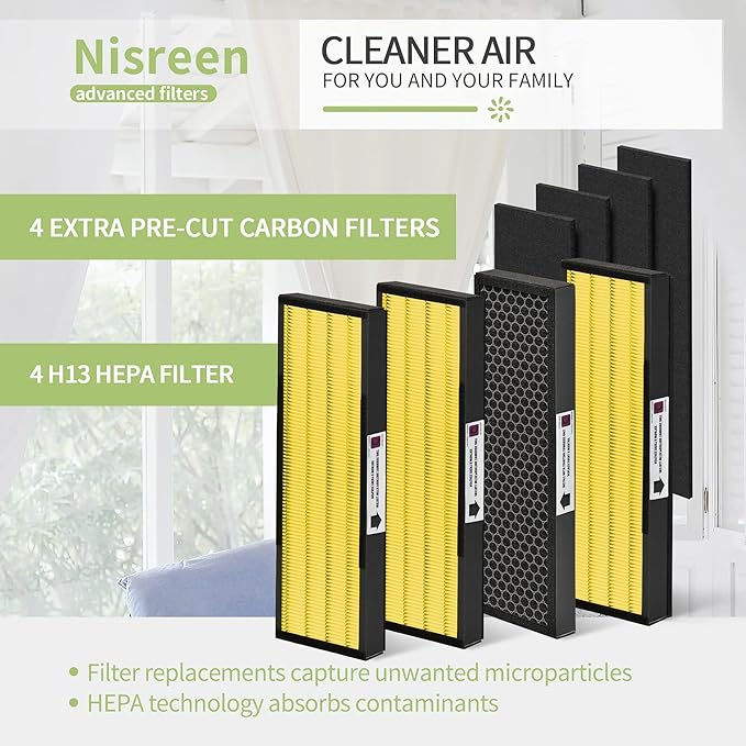 [For Pet] Nisreen FLT5000 HEPA Filter C Compatible with Germ-Guardian Air Pu-rifier Filter Replacement AC5000 AC5250PT AC5300 AC5350 and more, 4x H13 HEPA & 4x Extra Carbon Pre-Filters