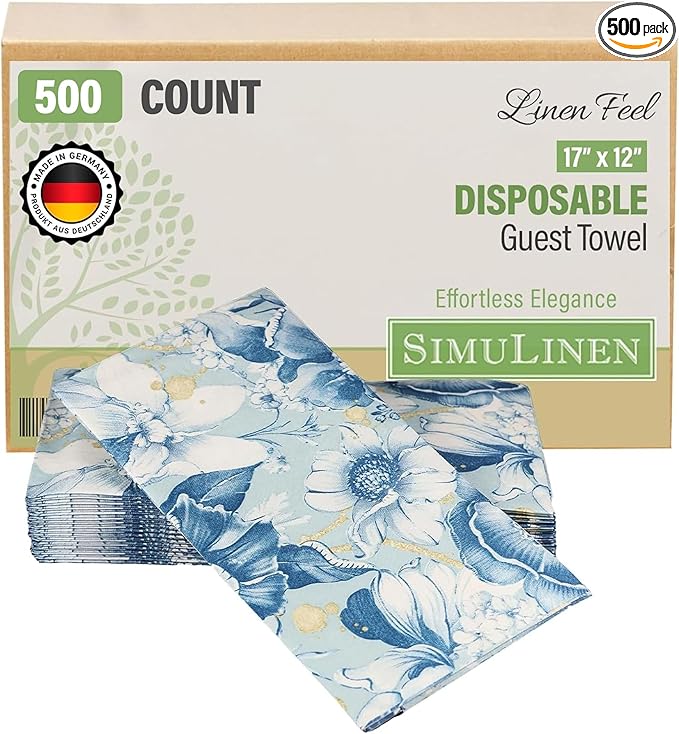 SimuLinen Blue Garden Floral Disposable Hand Towels for Bathroom, Single-Use Linen-Feel Guest Towels, Hand Tissue Paper, Cloth-Like Paper Napkins, Pack of 500