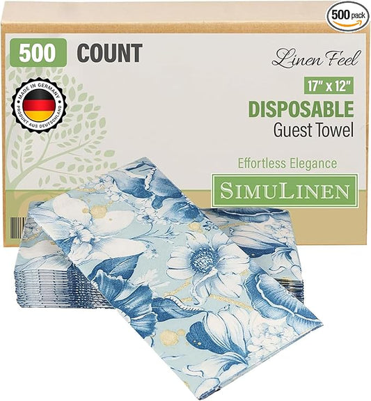 SimuLinen Blue Garden Floral Disposable Hand Towels for Bathroom, Single-Use Linen-Feel Guest Towels, Hand Tissue Paper, Cloth-Like Paper Napkins, Pack of 500