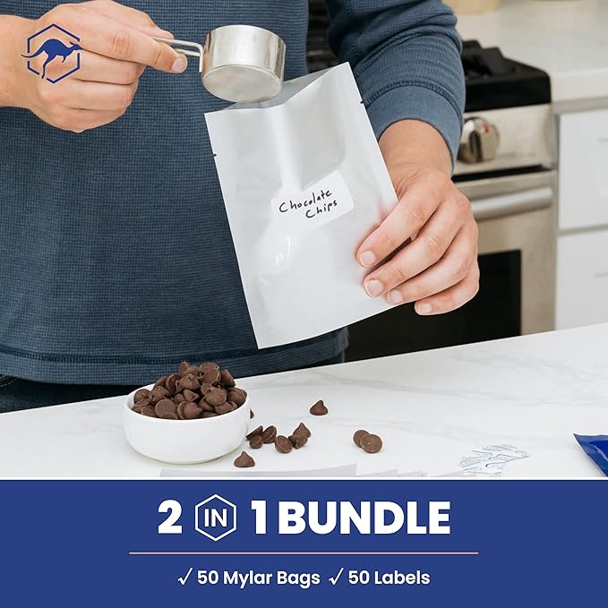 Wallaby 50 Count 1-Cup Mylar Bags with Labels, 10 Mil Total Thickness Long-Term Food Storage Pouches, 5x7 Heat-Sealable Airtight Packaging - Silver