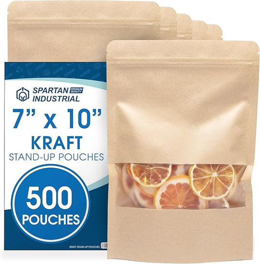 Spartan Industrial - 7" X 10" White Stand-Up Pouch Bags - Pack of 500 Large Smell-Proof Bags for Bulk Food Packaging, Homemade Treats, Bath Products, and More