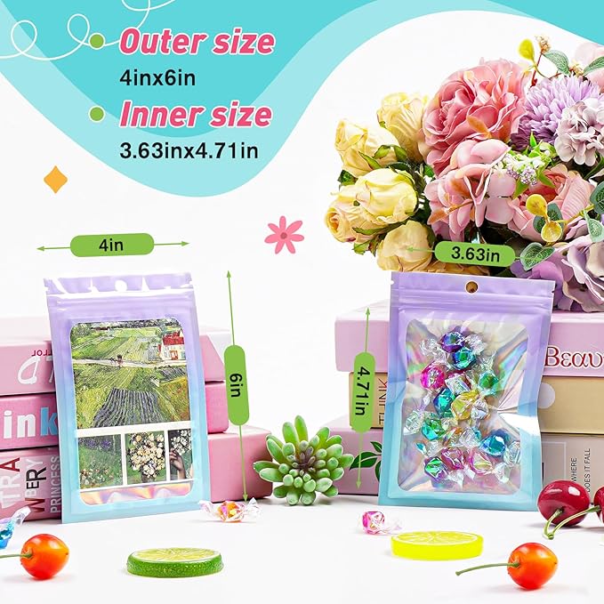 Funfery 300 Pack Smell Proof Resealable Bags for Food Storage,Holographic Bags 4x6 Purple Blue Mylar Clear Packaging Bag- Scent Proof for Cookies, Zip Foil Pouch for Small Business