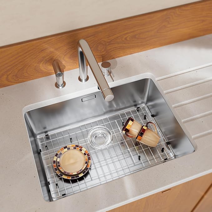 Stainless Steel Sink Rack 26.2" X 14.2",Sink Protector for Kitchen Sink,Sink Grate with Rear Drain Hole for Single Bowl,Metal Sink Grid for Bottom of Sink with Strainer,Corner Radius 0.4",1 Pack
