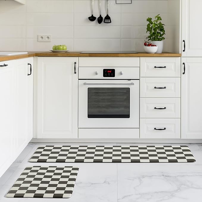 Checkered Kitchen Mats for Floor Set of 2, 2 Pcs Black White Cushioned Non Slip Runner Rugs for Kitchen/Sink/Laundry, Comfort Aesthetic Cute Anti-Fatigue Foam Floor Mat 17.3"x29.5"+17.3"x47.2"