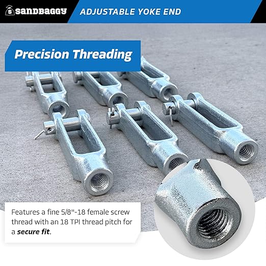 Sandbaggy 5/8"-18 Adjustable Yoke End - Galvanized Threaded Clevis [Pins Included] (5, 5/8"-18)
