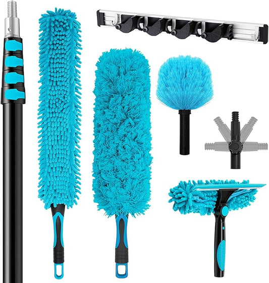 36 ft High Reach Duster Kit with 7-30 ft Extension Pole, High Ceiling Fan Cleaner Duster Tool for Fan Blades, Window Squeegee, Washable Dust Brush for Roof and Glass Surfaces