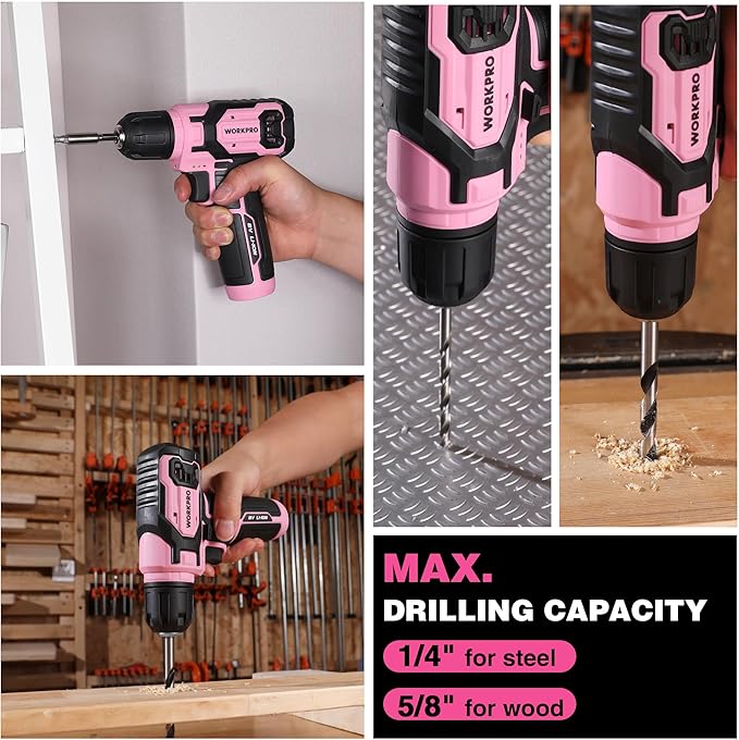 WORKPRO Pink Power Drill Set, 8V Cordless Drill Driver Set with 53pcs Bit Set, 2.0Ah Electric Cordless Drill Kit with 3/8" Keyless Chuck and Variable Speed Trigger, Portable for DIY- Pink Ribbon