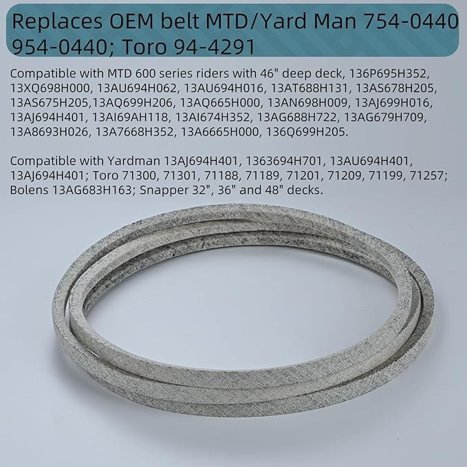 1/2 x 99'' Mower V-Belt Replace for MTD 754-0440 954-0440 754-018 Toro 94-4291, Snapper 7014225 7014225YP Riding Mower 46-inch Deck Kevlar Belt (754-0440)