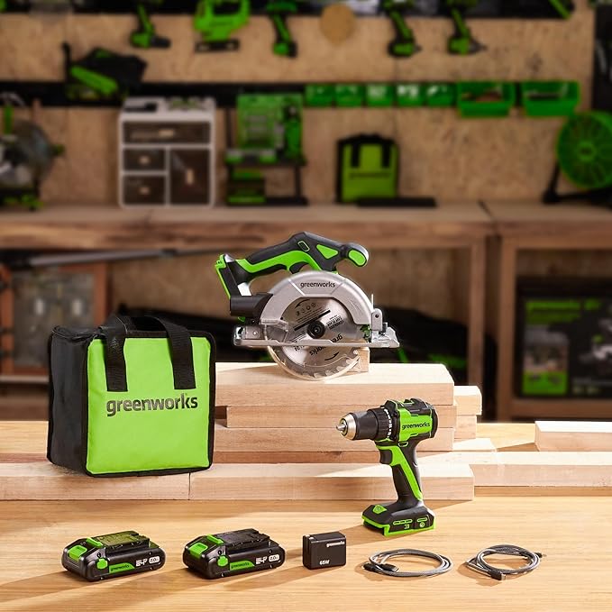 Greenworks 24V Cordless Brushless 400 in-lbs Drill/Driver + 6.5" Circular Saw, 4,800 RPM, Cutting Depth 45°/90° (2) 2.0Ah USB-C Batteries(12,000mAh Power Bank) and 65W USB-C Fast Charger(3-Port)
