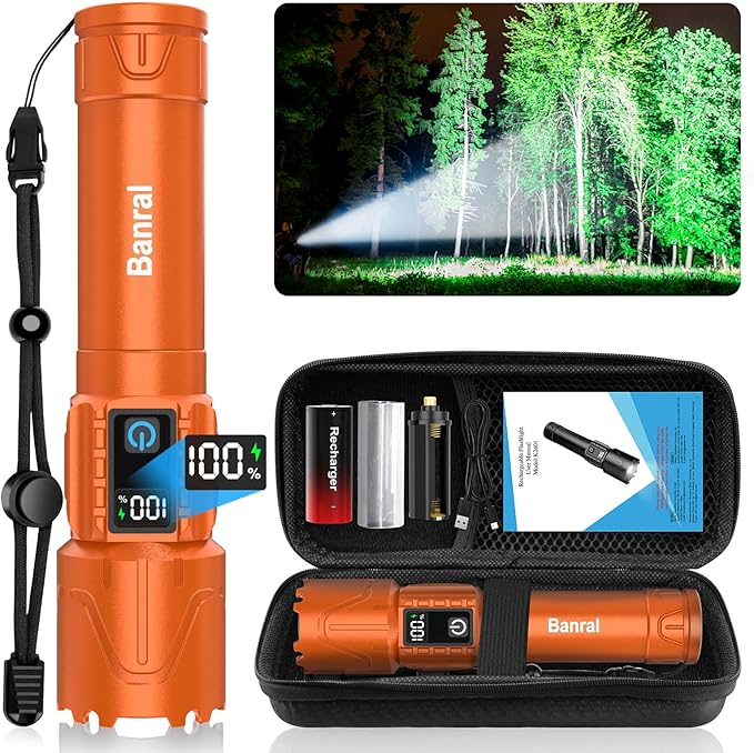 Rechargeable Tactical Flashlights High Lumens - 5000mAh Super Bright LED Powerful Flash Light, Waterproof Handheld USB C Flashlight for Home,Car,Camping,Emergencies,5 Modes,Zoomable (1, Orange)