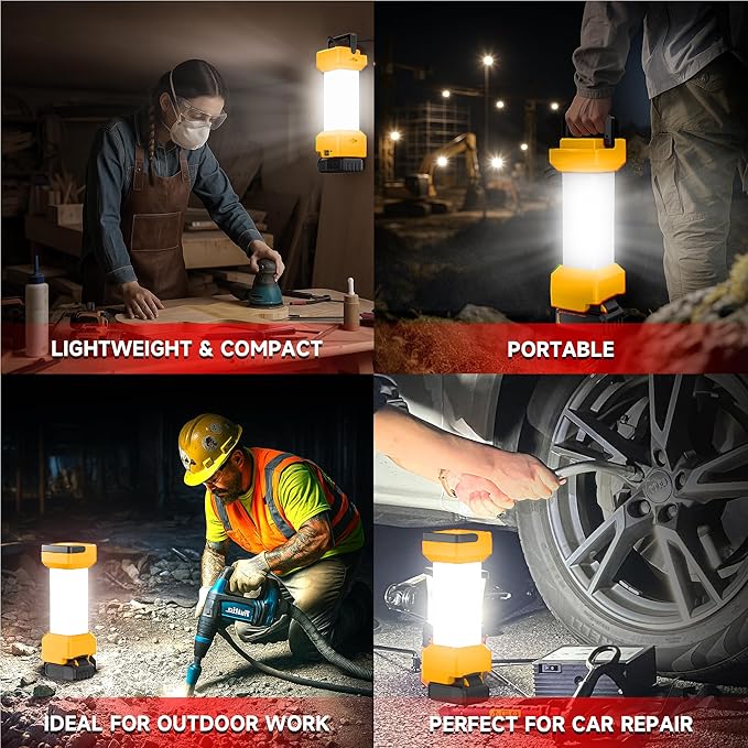 2900LM LED Work Light for Dewalt 20V MAX Battery, 360° Portable Camping Light with USB-C 20W Fast Charging, Dual Brightness, Shockproof, Low-Voltage Protection (Battery Not Included)