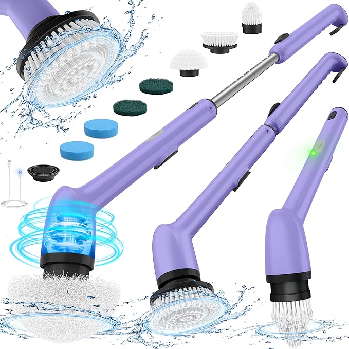LyriFine Electric Spin Scrubber, New Full-Body IPX7 Waterproof Bathroom Cleaner Brush, Shower Scrubber with Long Handle & 2 Speed, Heads Replacement, Cleaning Supplies for Tub Shower Tile Floor