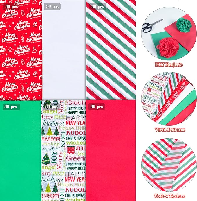 ASOEMERZ 180 Sheets Christmas Tissue Paper 20 x 14 Inches, Small Wrapping Paper for Christmas Gift Boxes DIY, Holiday Presents, Gift Bags (6 Designs)